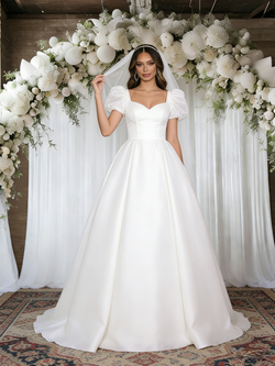 White Sqaure Neck Puff Sleeve Wedidng Dress