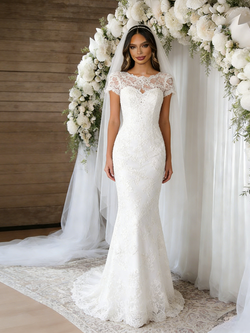 White Mermaid Lace Short Sleeve Wedding Dress