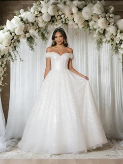 White Sequins Off the Shoulder Wedding Dress