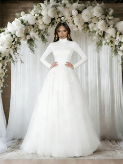 White High Neck Long Sleeve Backless Wedding Dress