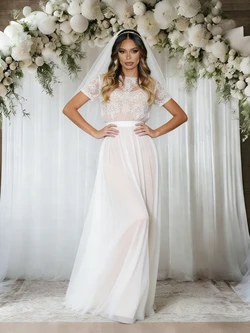 White Chiffon Lace Short Sleeve Wedding Dress