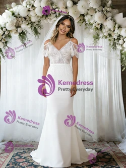 White Mermaid Lace Spaghetti Straps Wedding Dress