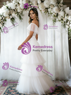 White Tulle Lace Off the Shoulder Wedding Dress