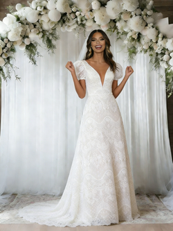 A-Line White Lace Puff Sleeve Wedding Dress