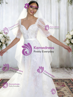 White Tulle Puff Sleeve Appliques Wedding Dressu