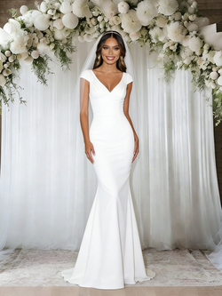 White Mermaid V-neck Cap Sleeve Wedding Dress