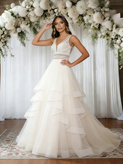 Beige White Tulle Lace V-neck Wedding Dress