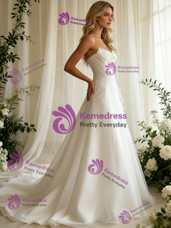 White Tulle Strapless Pleats Wedding Dress