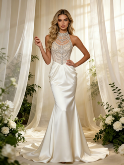Beige White Mermaid Satin Halter Beading Wedidng Dress