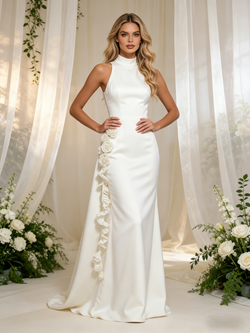 Beige White Mermaid High Neck Flower Wedding Dress