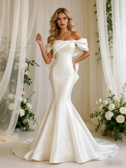 Beige White Mermaid Satin Off the Shoulder Wedding Dress