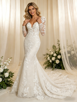 White Mermaid Lace V-neck Long Sleeve Wedding Dress