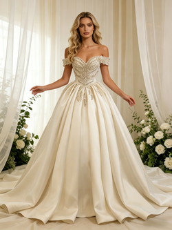 Ivory Satin Off the Shoulder Beading Wedding Dress