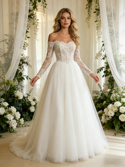 White Tulle Lace Long Sleeve Wedding Dress