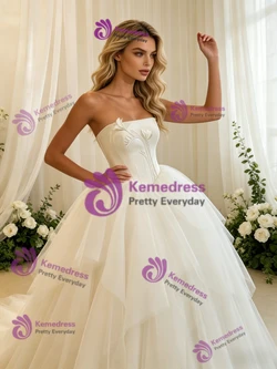 Beige White Tulle Strapless Wedding Dress