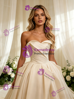 Ivory Satin Strapless Pleats Wedding Dress