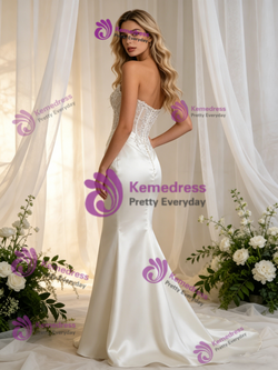 White Mermaid Satin Strapless Lace Wedding Dress