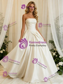 Ivory Satin Strapless Pleats Wedding Dress