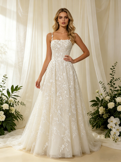 Tulle Appliques Spaghetti Straps Wedding Dress