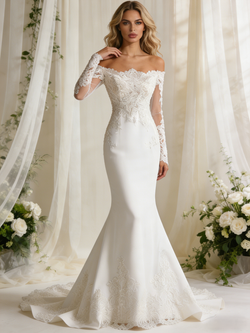 White Mermaid Long Sleeve Appliques Wedding Dress