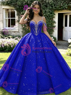 Royal Blue Sequins Straps Beading Quinceanera Dress