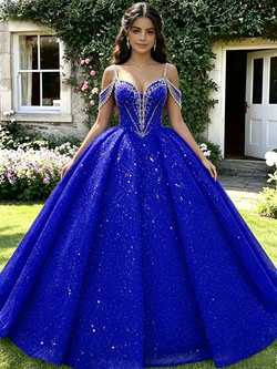 Royal Blue Sequins Straps Beading Quinceanera Dress