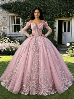 Pink Tulle Off the Shoulder Long Sleeve Quinceanera Dress