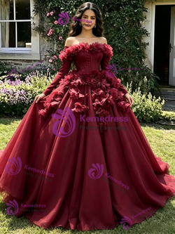 Burgundy Tulle Long Sleeve 3D Flower Quinceanera Dress