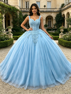 Blue Tulle Straps Lace Appliques Quinceanera Dress