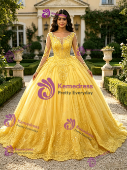 Yellow Tulle Appliques Quinceanera Dress