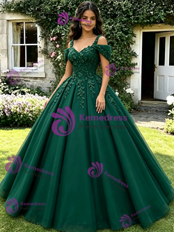 Green Tulle Off the Shoulder Appliques Quinceanera Dress