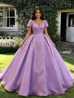 Purple Tulle V-neck Appliques Quinceanera Dress