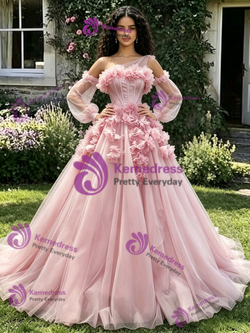 Pink Tulle Long Sleeve One Shoulder 3D Flower Quinceanera Dress