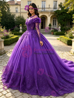 Purple Tulle Long Sleeve Appliques Quinceanera Dress