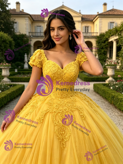 Yellow Tulle Square Neck Puff Sleeve Quinceanera Dress