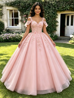 Pink Tulle Straps Appliques Quinceanera Dress