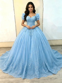 Blue Tulle Appliques Quinceanera Dress
