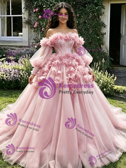 Pink Tulle Long Sleeve 3D Flower Quinceanera Dress
