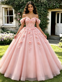 Pink Tulle Off The Shoulder 3D Flower Quinceanera Dress