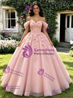 Pink Tulle Off The Shoulder 3D Flower Quinceanera Dress