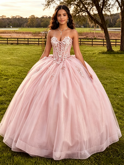Pink Tulle Strapless Appliques Quinceanera Dress