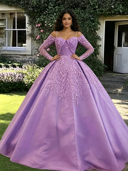 Purple Long Sleeve Straps Lace Appliques Quinceanera Dress