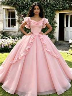 Ball Gown Pink Tulle Straps Quinceanera Dress