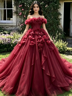 Burgundy Tulle Off The Shoulder 3D Flower Quinceanera Dress