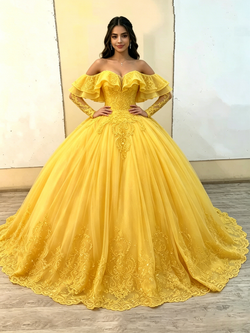 Yellow Tulle Long Sleeve Appliques Quinceanera Dress