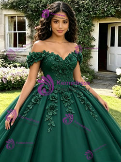 Green Tulle Off the Shoulder 3D Flower Quinceanera Dress