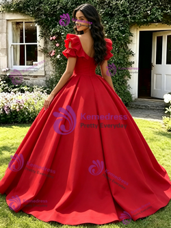 Red Square Neck Puff Sleeve Quinceanera Dress