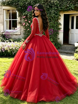 Red Tulle V-Neck Long Sleeve Quinceanera Dress