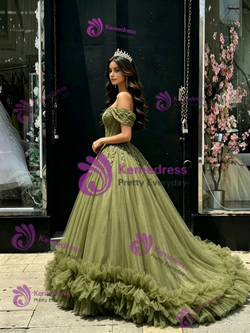 Green Tulle Off the Shoulder Appliques Quinceanera Dress