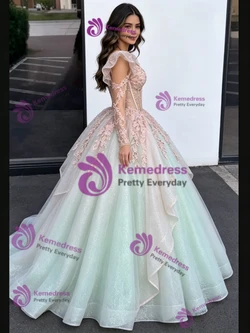 Green Tulle Long Sleeve Appliques Quinceanera Dress